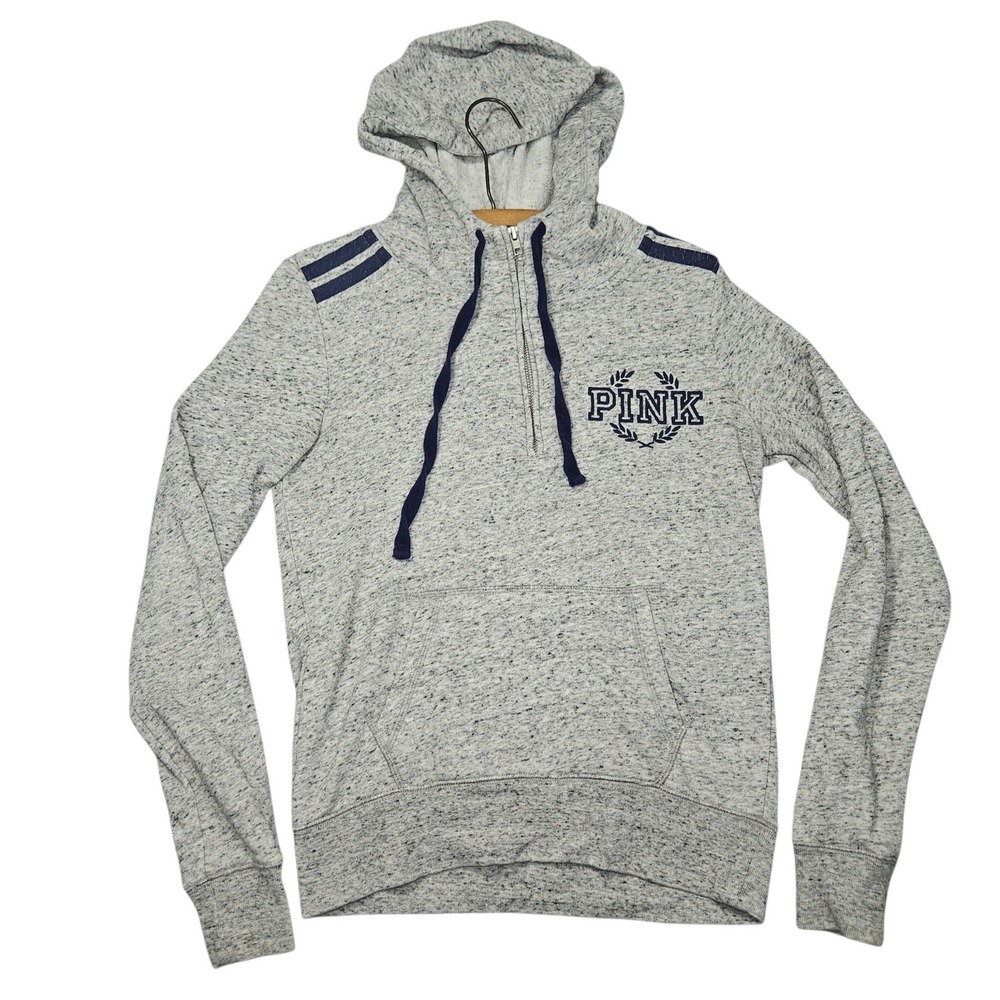 PINK Victoria's Secret Quarter Zip Hoodie Heather Grey Navy Stripe Sz XS